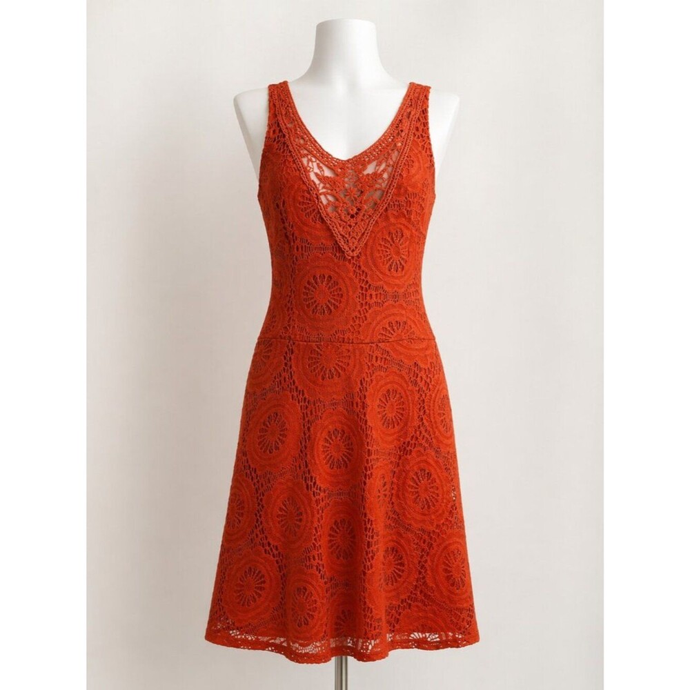 I.N. San Francisco Fit & Flare Lined Orange Lace Dress Size 3 EUC